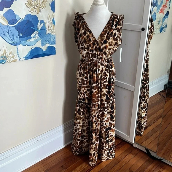 Calvin Klein Animal Print Tie-Shoulder Maxi Dress with Drawstring Elastic Waist - Picture 2 of 16